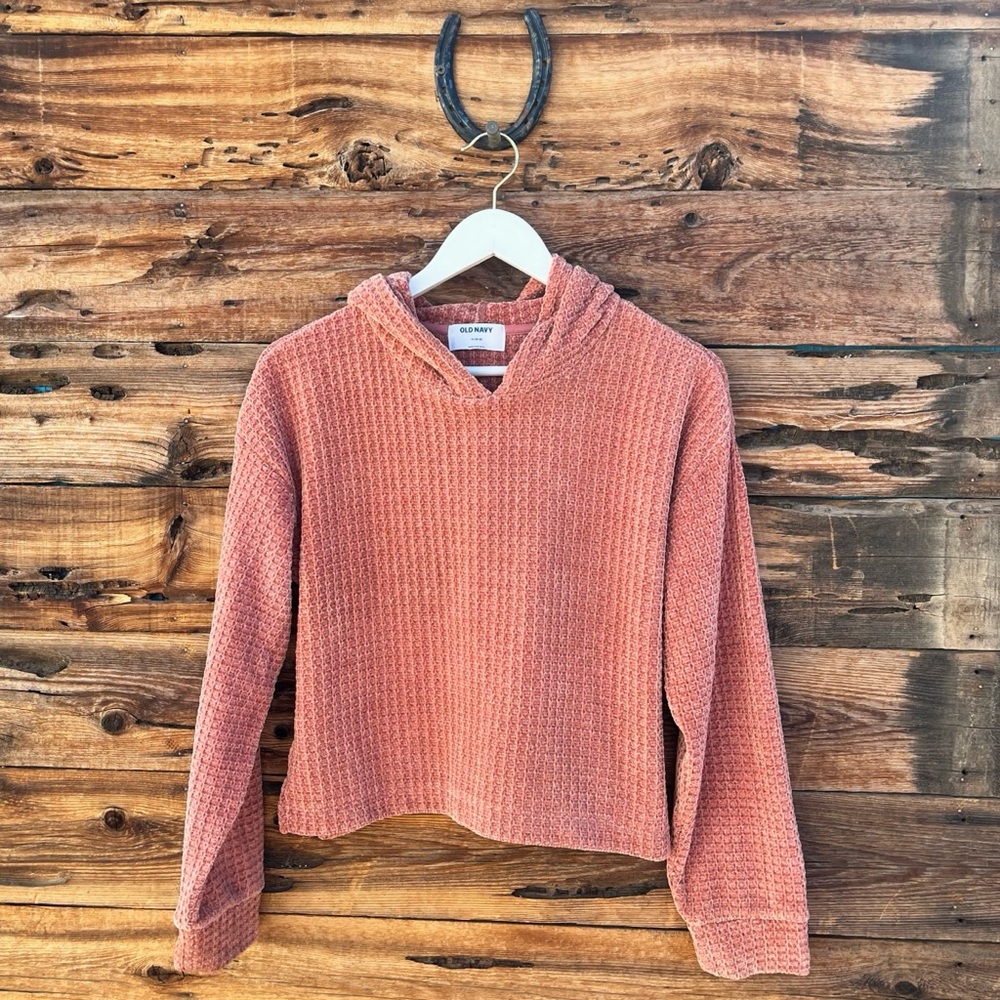 OLD NAVY | Salmon Coral Waffle Chenille Cropped Hoodie Sweater XL